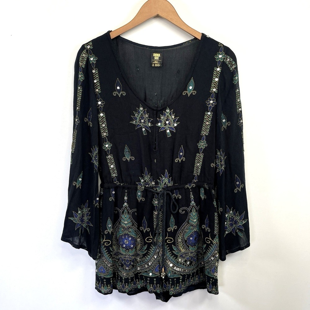 Anna Sui X Oneil Embroidered Sequin Boho Romper Sz S Black Indie Sleaze Festival